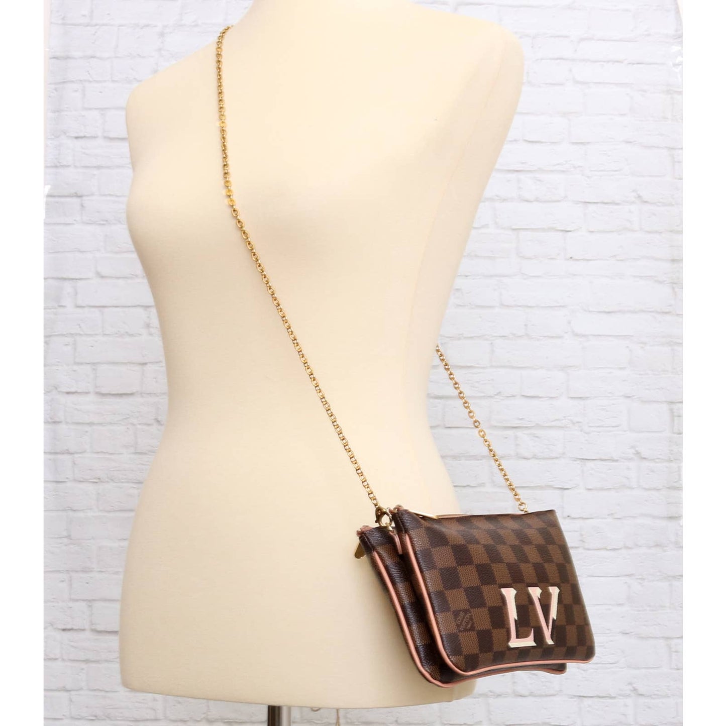 Louis Vuitton Double Zip Pochette Damier Ebene Crossbody Purse Chain