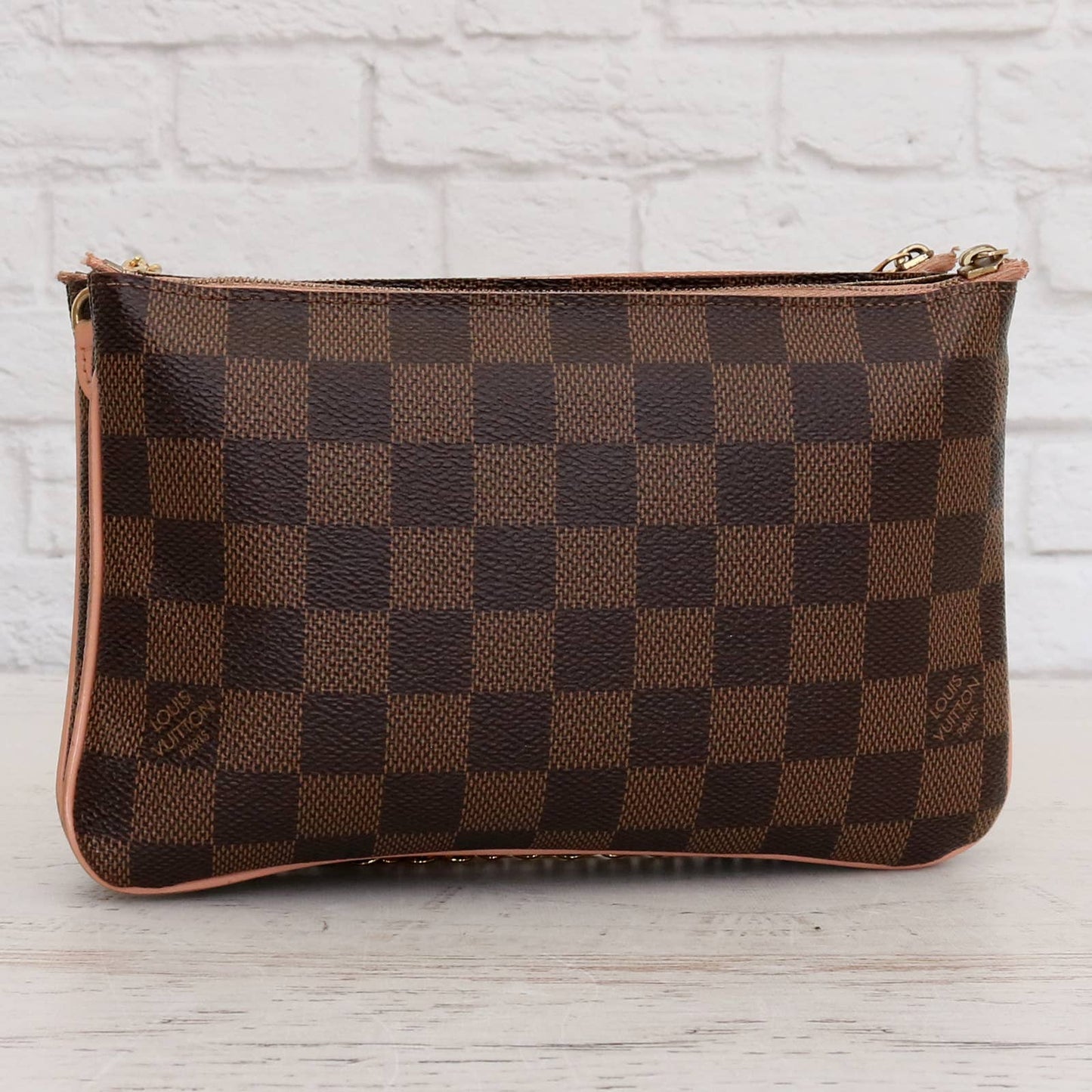 Louis Vuitton Double Zip Pochette Damier Ebene Crossbody Purse Chain